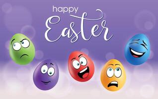 Color eggs with funny faces on gradient background. Worried, laughing, smiling, sad, scared, glad emotions, cartoon smile. Set of eggs emoji poster. Happy Easter holiday banner illustration. vector