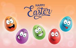 Color eggs with funny faces on gradient background. Romantic, laughing, smiling, enamored, playful emotions, cartoon smile. Set of eggs emoji poster. Happy Easter holiday banner illustration. vector