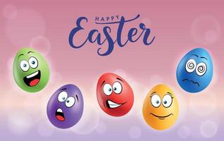 Color eggs with funny faces on gradient background. Shocked, laughing, smiling, sad, scared, shocked emotions, cartoon smile. Set of eggs emoji poster. Happy Easter holiday banner illustration. vector
