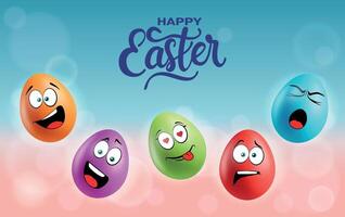 Color eggs with funny faces on gradient background. Funny, laughing, smiling, yawning emotions, cartoon smile. Set of eggs emoji poster. Happy Easter holiday banner illustration. vector