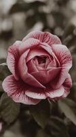 A close up of a pink rose with leaves photo