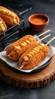 Two hot dogs on sticks with ketchup on them photo