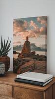 A lighthouse on a rocky outcrop in the sunset with clouds in the background photo
