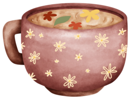 Isolated a cute cup of tea with a chamomile flower pattern and flower petal floating in watercolor style and transparent background png
