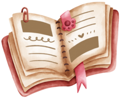 A isolated watercolor style diary bullet journal notebook with a paperclip and cat paw book mark in transparent background png