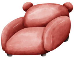 Isolated front view of cute fluffy red couch sofa armchair in watercolor style and transparent background png