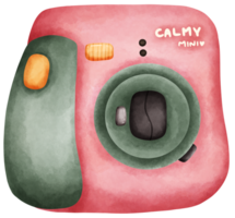 Isolated front view of cute pink instant compact camera in watercolor style and transparent background png