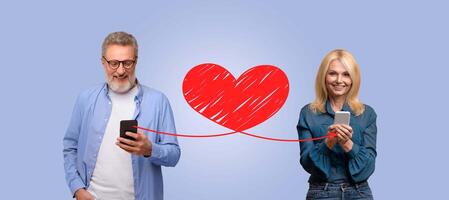 A couple expressing affection on St. Valentine's Day, each holding a smartphone. They share a joyful moment as they connect through messages, united by a heart graphic in the background. photo