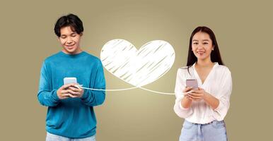 A loving couple joyfully engages with their smartphones on St. Valentine's Day, sending affectionate messages to each other. They create a heartfelt connection online, celebrating love together. photo