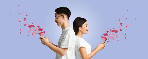 A couple stands back to back, engaging with their smartphones on St. Valentines Day. They share affectionate messages marked by floating hearts, celebrating their connection online. photo