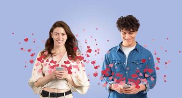 A couple stands together, smiling as they use their smartphones. Colorful hearts surround them, symbolizing love and connection during St. Valentine's Day festivities. photo