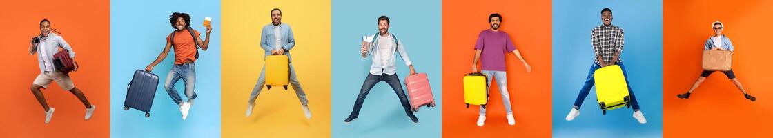 A group of diverse men joyfully jumping with their suitcases in vibrant, colorful backgrounds. They express excitement for their upcoming travels and adventures. photo