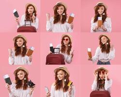 Young woman expressing joy and excitement for her upcoming trip. She holds travel documents and poses with a suitcase, capturing the spirit of adventure and holidays. photo
