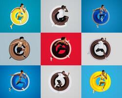 Diverse group of athletes engaged in various workout routines against colorful backgrounds. Each individual exhibits unique exercises while representing a healthy lifestyle and fitness culture. photo