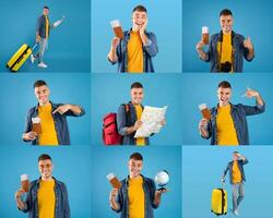 A joyful traveler poses with a map, suitcase, and globe against a bright blue background. The guy expresses excitement for upcoming adventures while holding travel essentials. photo