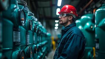 A technician examines advanced automated equipment within a busy petrochemical processing facility in the evening. Safety protocols are prioritized. photo