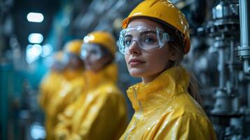 A group of women in yellow protective suits and helmets are focused on operations within a petrochemical refinery. They observe advanced automation and engineering practices, ensuring safety. photo