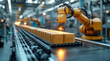 In a bustling factory, robotic arms efficiently package yellow boxes, demonstrating advanced automation technology in petrochemical processing. This scene highlights engineering innovation. photo