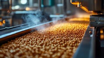 Automated equipment processes small spherical products on a conveyor belt in a manufacturing facility. Steam rises as the items move through stages of production, emphasizing efficiency. photo