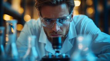 Scientist examines samples using a microscope in a modern laboratory dedicated to chemical synthesis and engineering for petrochemical processing. photo