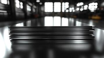 Stacked steel and aluminum sheets are displayed in a modern factory environment. The setting highlights advanced engineering and automation in manufacturing. photo