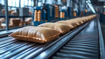 Bags of materials move along a conveyor belt in a manufacturing facility, showcasing automation and engineering processes in action during production hours. photo