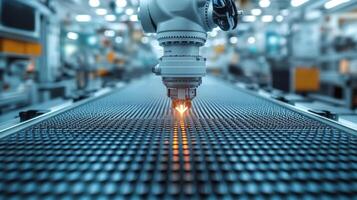 A robotic arm uses a precision laser to cut materials on a conveyor belt in a modern manufacturing facility focused on automation and engineering. photo
