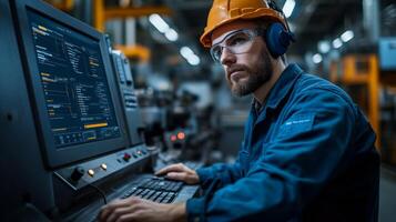 Engineer wearing safety gear focuses intently on the computer screen, managing automation processes in a busy manufacturing facility dedicated to metal fabrication. photo