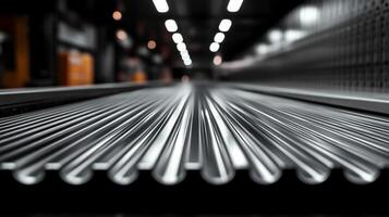 Close-up view of steel rods on a production line in a modern manufacturing facility. The facility is equipped with advanced automation and engineering technology. photo