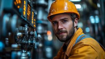 A dedicated engineer is adjusting complex machinery controls in an industrial refinery setting at dusk, showcasing the importance of automation in chemical processing. photo