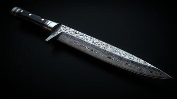This knife exhibits exquisite damascus steel with unique patterns. The craftsmanship is evident in the sharp blade and solid handle, highlighting skills in metallurgy and design. photo