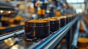 Containers filled with processed materials move along a conveyor belt in a manufacturing facility. This automated system enhances efficiency in petrochemical synthesis and refining. photo