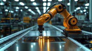 A robotic arm executes precise welding on aluminum sheets in a high-tech manufacturing facility. The environment is filled with automated machinery and engineering innovations. photo