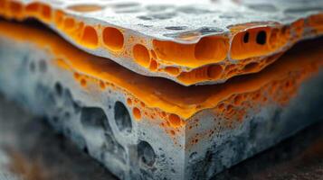 Complex layers of steel and aluminum are seen with intricate patterns and textures, emphasizing the innovative casting and welding processes in a modern manufacturing environment. photo