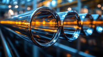In a modern factory, automated machinery processes high precision glass tubes. The facility focuses on advanced manufacturing techniques using quality materials to ensure durability and efficiency. photo