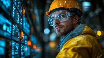 A worker in a yellow safety jacket and helmet closely observes high-tech control panels in a petrochemical refinery during a busy production shift, ensuring smooth operations. photo
