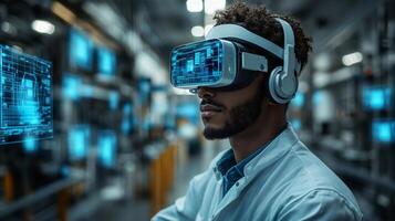 A professional wearing virtual reality gear is immersed in digital simulations, optimizing manufacturing processes in a high-tech factory focused on automation and engineering. photo