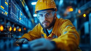 A skilled engineer monitors complex machinery in a high-tech manufacturing facility dedicated to petrochemical processing. The atmosphere is illuminated by glowing screens and machinery. photo