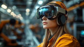In a contemporary factory, a female engineer utilizes virtual reality technology to engage in an automated production training session. She is equipped with VR goggles and headphones. photo