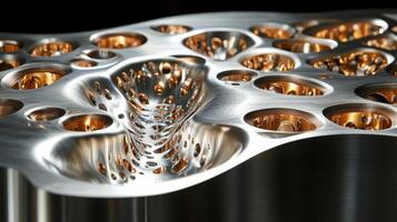 Cutting-edge engineering techniques showcase a metallic surface featuring complex shapes and patterns made through advanced manufacturing processes. photo