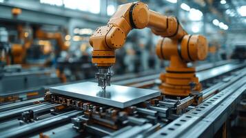 A robotic arm actively engages in precision manufacturing tasks, manipulating sheets of steel and aluminum in a busy industrial environment. High-tech automation streamlines production. photo
