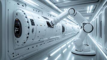 A sophisticated robotic arm operates in a high-tech manufacturing facility, engaged in the automated assembly of steel and aluminum parts. The environment is sleek and futuristic. photo