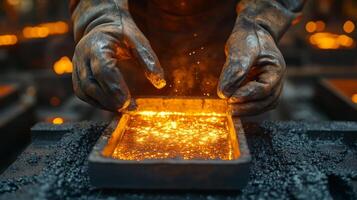 A skilled worker carefully pours molten metal into a casting mold in a modern foundry. Sparks and glowing metal illuminate the workspace, showcasing the craftsmanship involved. photo