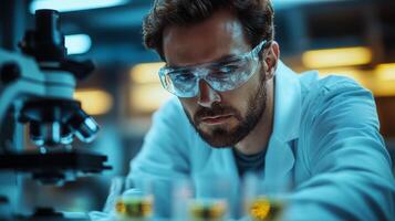 A laboratory technician in a white lab coat and safety goggles focuses intently on adjusting a microscope while analyzing various chemical samples. photo