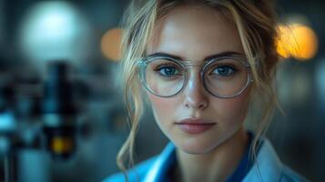 A young engineer with glasses examines machinery in a factory setting. The atmosphere is illuminated by warm lights, showcasing automation in steel and aluminum processing. photo