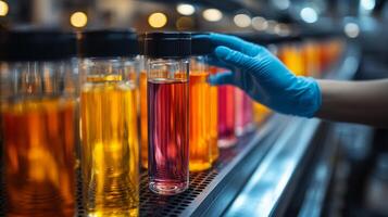 In a busy refinery laboratory, a technician in blue gloves carefully inspects colorful chemical samples in glass vials. The setting features advanced automation and dim lighting. photo