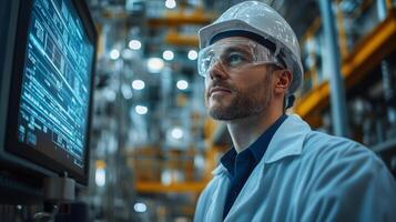 A manufacturing professional monitors advanced automation systems in a petrochemical refinery. The individual wears safety gear, ensuring a secure environment during intricate operations. photo