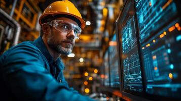 A professional engineer focuses intently on multiple screens in a modern petrochemical facility, overseeing automation and data management processes critical for production and efficiency. photo