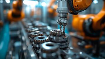 Advanced robots are assembling metal gears in a factory setting, showcasing precision engineering in a vibrant industrial environment focused on automation and efficiency. photo