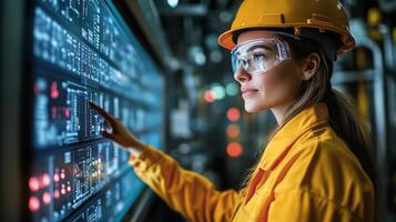 A woman in a hard hat and safety glasses operates a digital control panel in a petrochemical refinery. The atmosphere is illuminated by glowing screens displaying automation data. photo